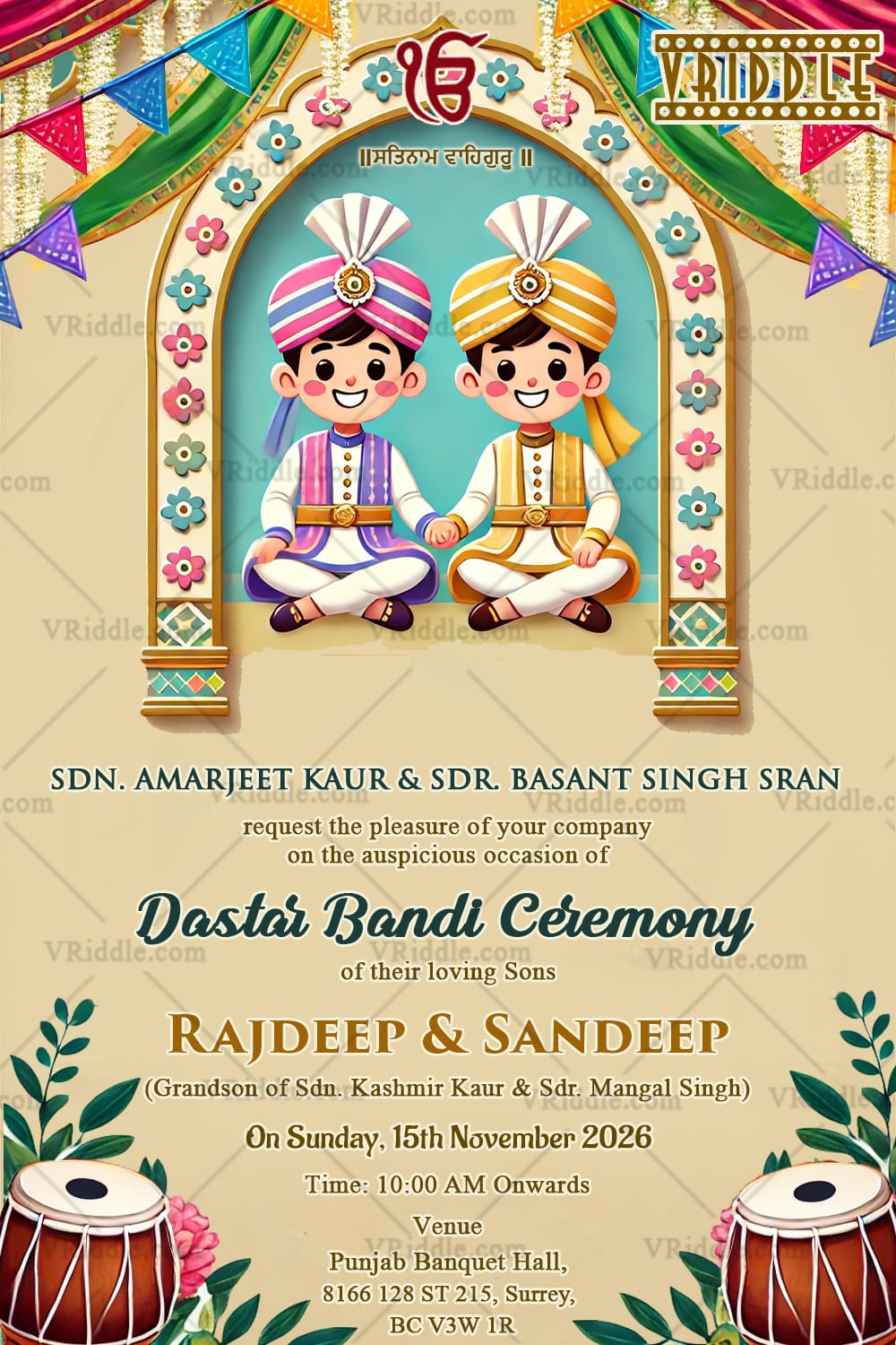 Twins Dastaar Bandi Invitation Card with Cartoon Boys Design and Floral, Drum