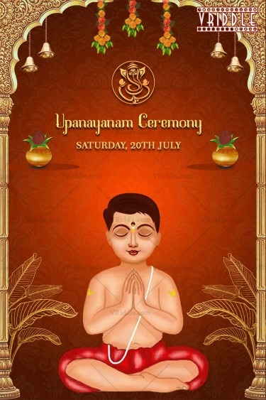 Two-fold Upanayanam Ceremony Invitation Card with Vedic Boy and Golden Pillars in Red Background