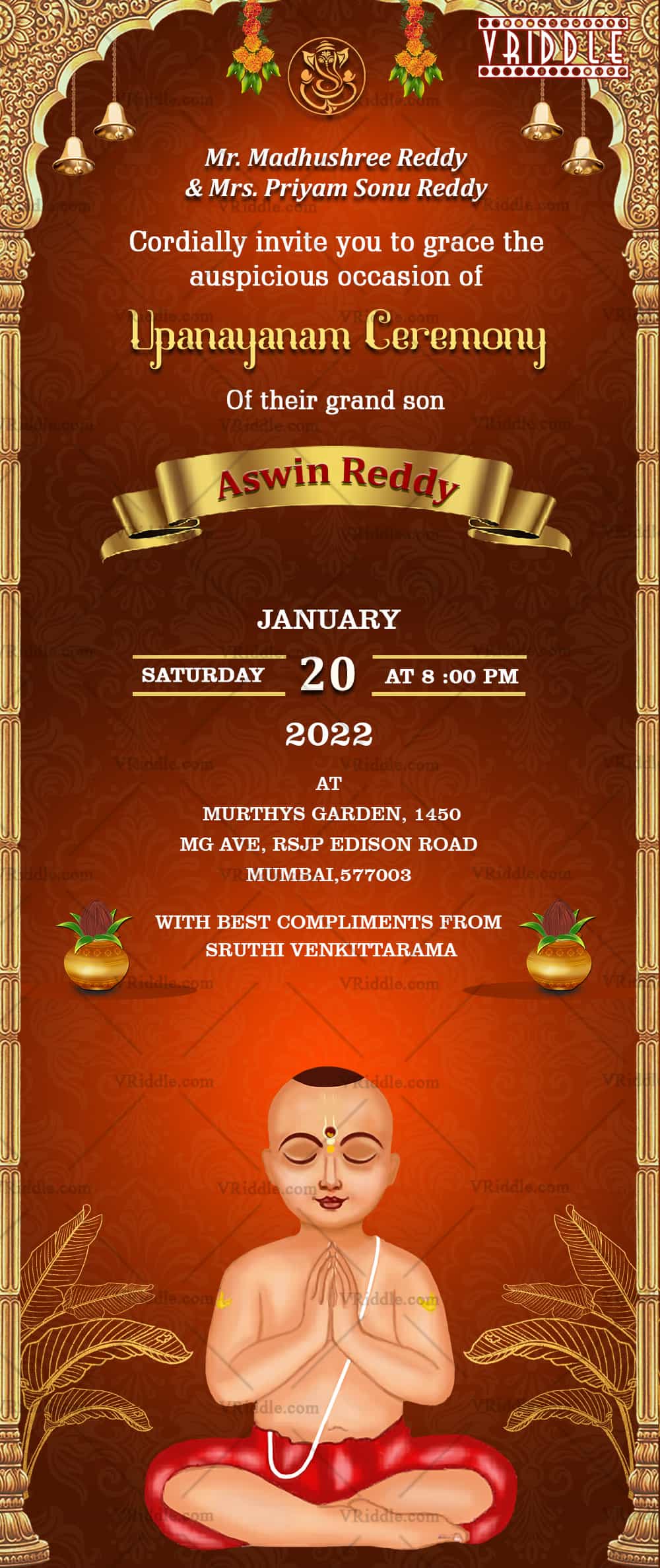 Two fold Upanayanam Ceremony Invitation Card with Vedic Boy and Golden Pillars in Red Background