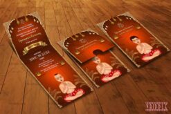 Two-fold Upanayanam Ceremony Invitation Card with Vedic Boy and Golden Pillars in Red Background