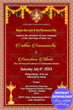 Vibrant Red Theme Wedding Invitation Card With Hanging Marigold And Diya