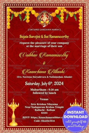 Vibrant Red Theme Wedding Invitation Card With Hanging Marigold And Diya