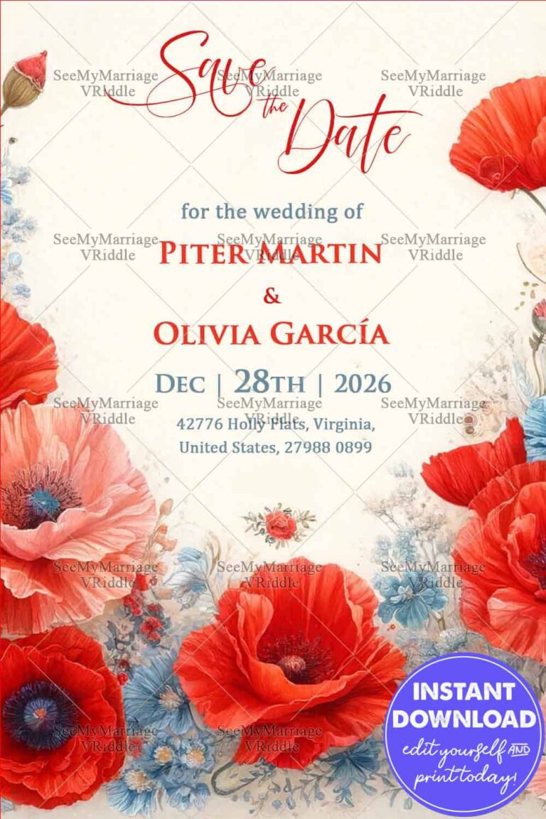 Vibrant Save the Date Invitation Card in Orange Color Watercolor Poppies Theme