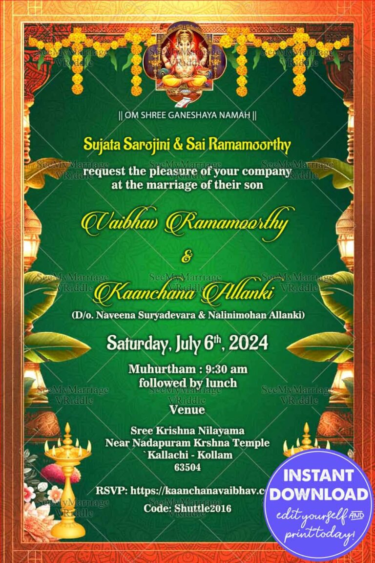 Vibrant Wedding Invitation Card With Hanging Marigold And Diya In Green Background