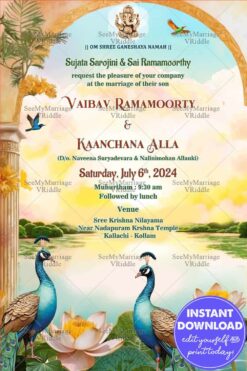 Wedding Invitation with Elegant Peacocks and Lotus Flowers