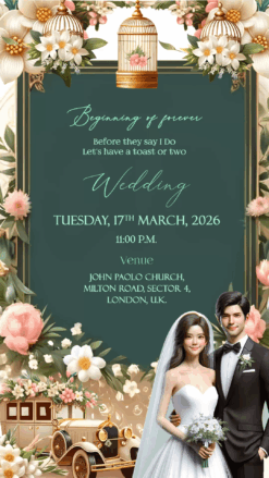 Charming Christian Wedding Invitation with Vintage Car Theme and Couple Caricatures