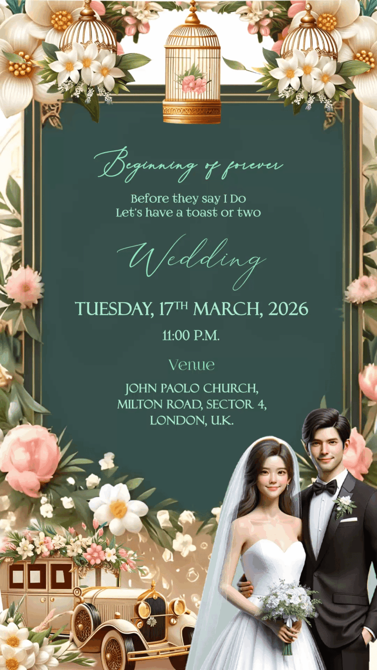 Charming Christian Wedding Invitation with Vintage Car Theme and Couple Caricatures
