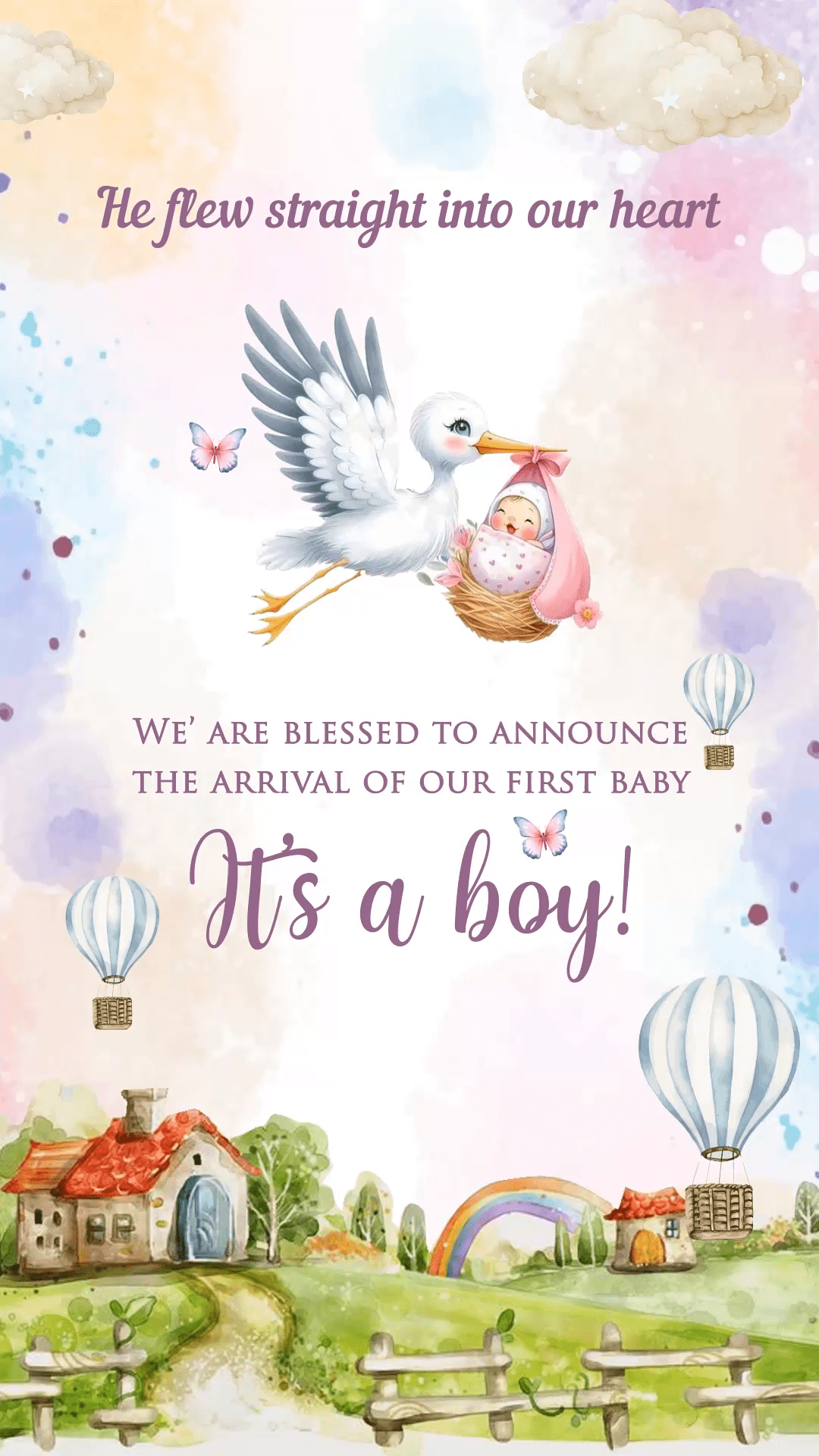 Butterfly and Crane Theme watercolor Baby Announcement Video Invite