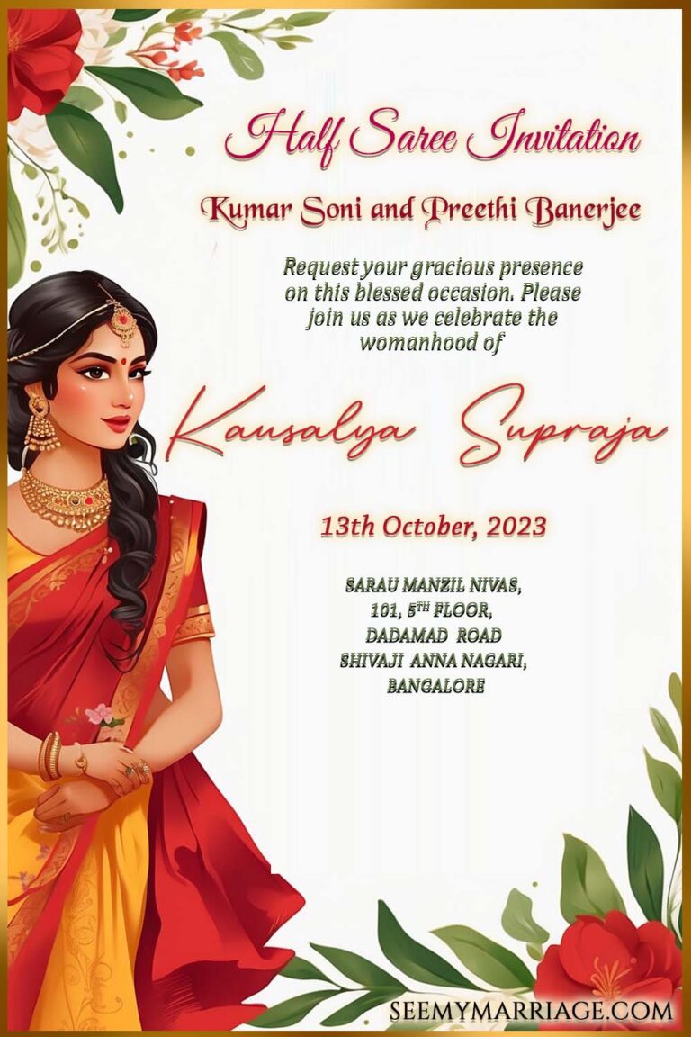 Celebrate Tradition: Half Saree Invitation adorned with Festive Floral Illustration, Vibrant Colors, and Cultural Elegance.