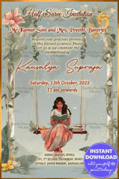 Girl On Swing Half Saree Invitation Card with Floral Theme Background