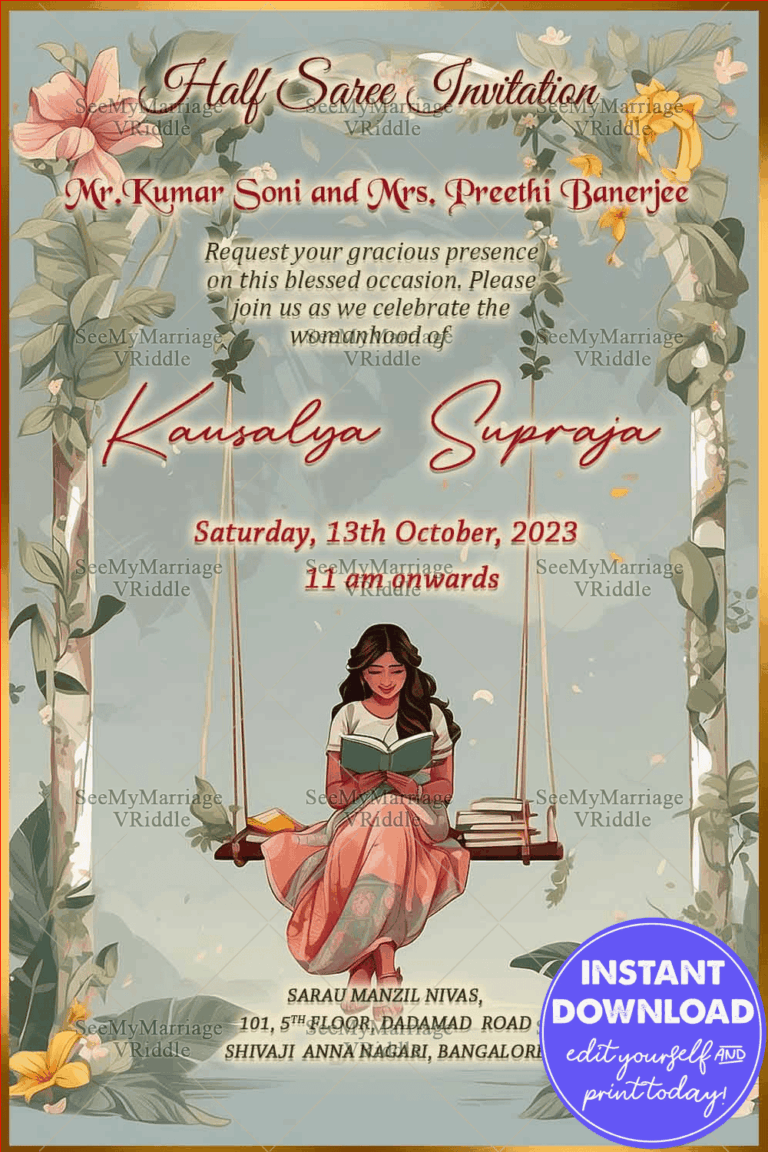 Girl On Swing Half Saree Invitation Card with Floral Theme Background