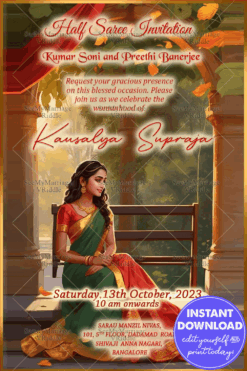 Halfsaree Invitation With Red and Green Saree Girl In Golden Arch Theme Background
