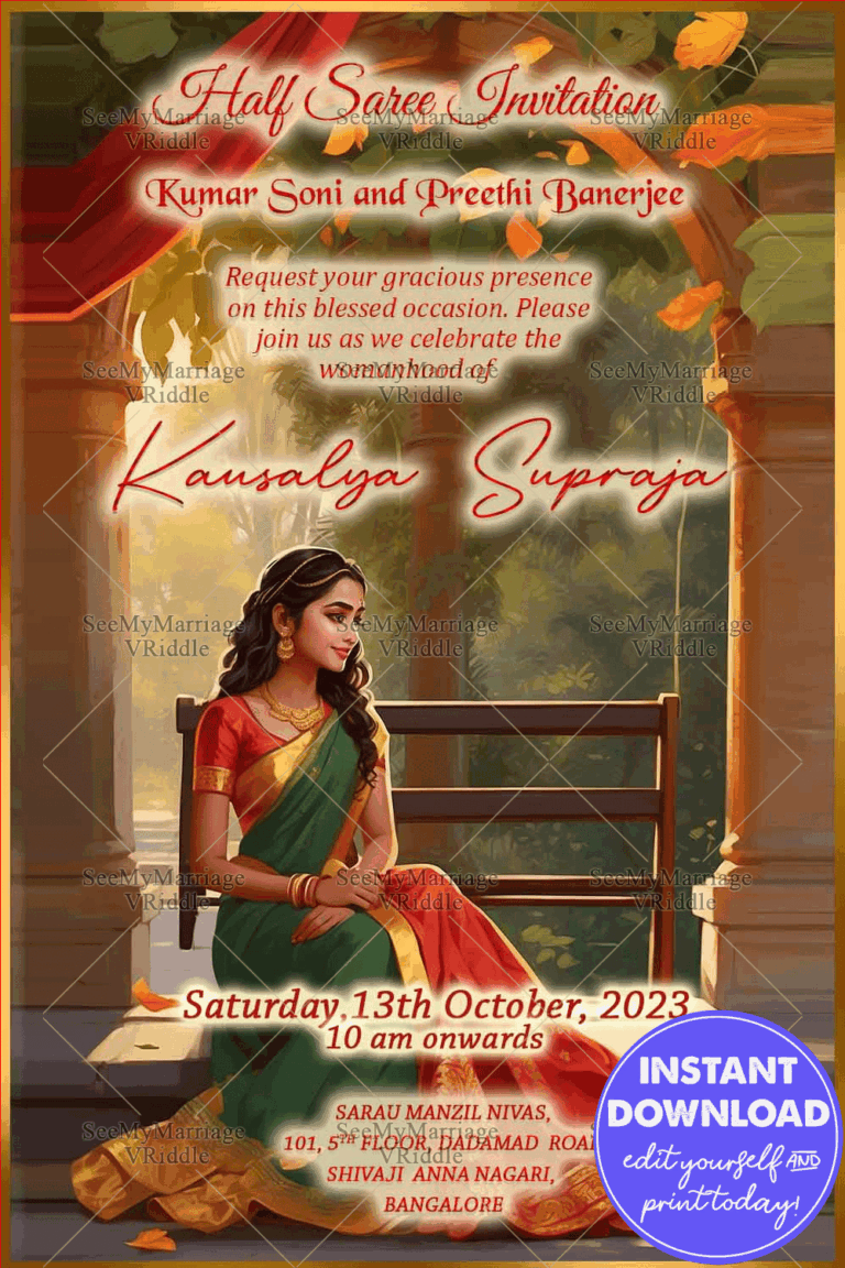 Halfsaree Invitation With Red and Green Saree Girl In Golden Arch Theme Background