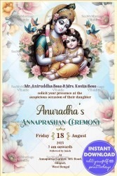 Divine Yashoda Krishna-Themed Annaprashan Ceremony Invitation with Pastel Color Palette Background