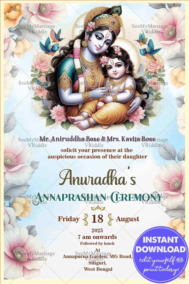 Divine Yashoda Krishna-Themed  Annaprashan Ceremony Invitation with Pastel Color Palette Background