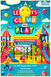 Climb & Play Birthday Blast Invitation with Sky-Blue Theme Background