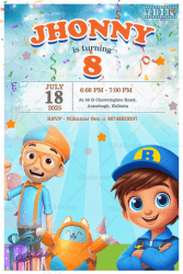 Eighth Birthday Invitation with Cartoon Theme Background