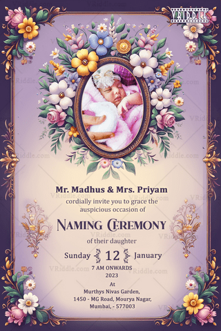 Golden Blossoms, Naming Ceremony Celebration with Purple Color Theme Background