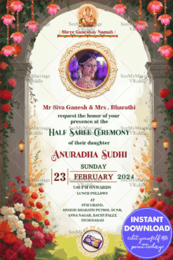 A Joyous Milestone Half Saree Ceremony Invitation with Floral Theme and Add Photo Background