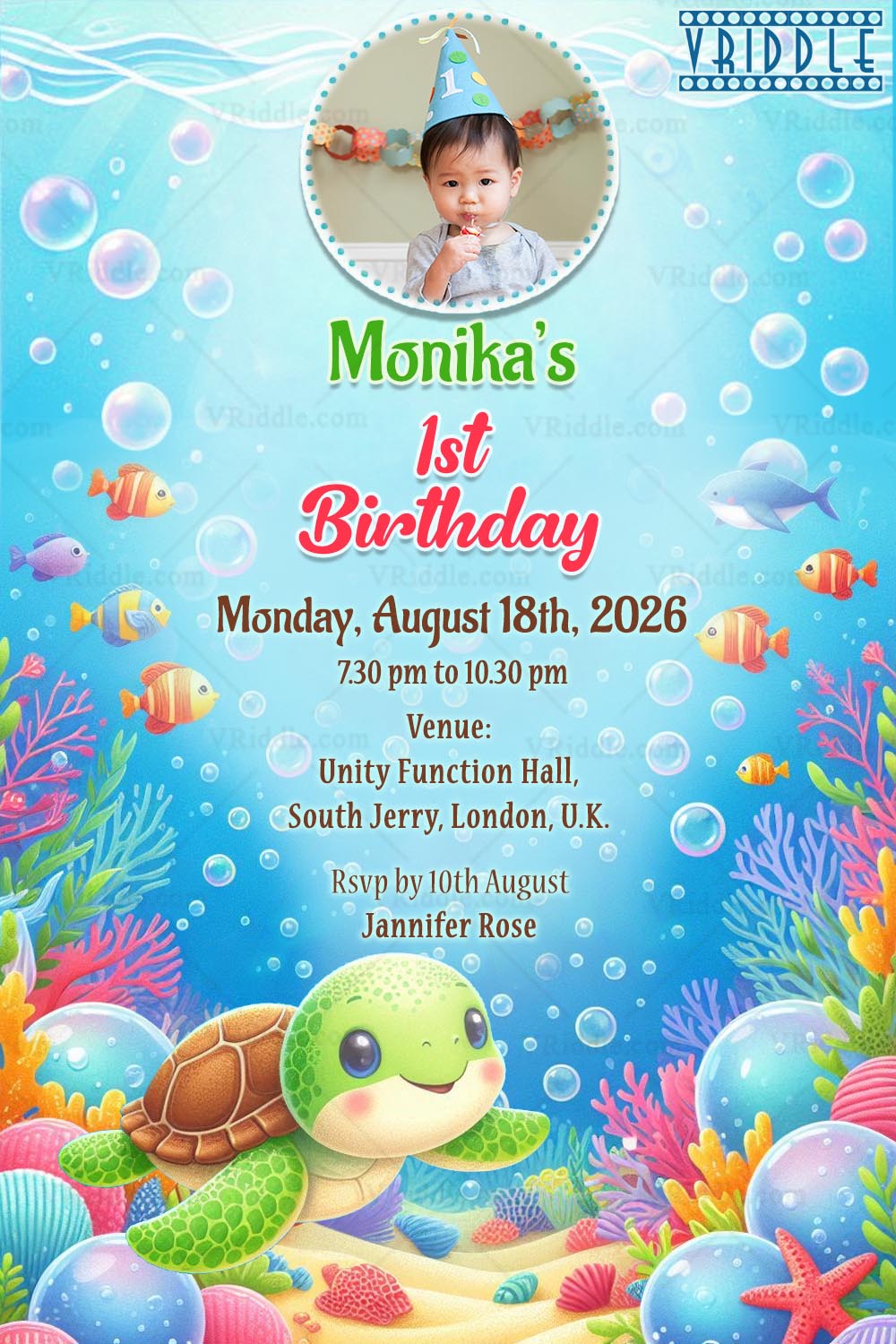 Dive Into Fun, Celebrate Our Baby Girl's First Birthday Invitation with an Under the Sea Theme Background