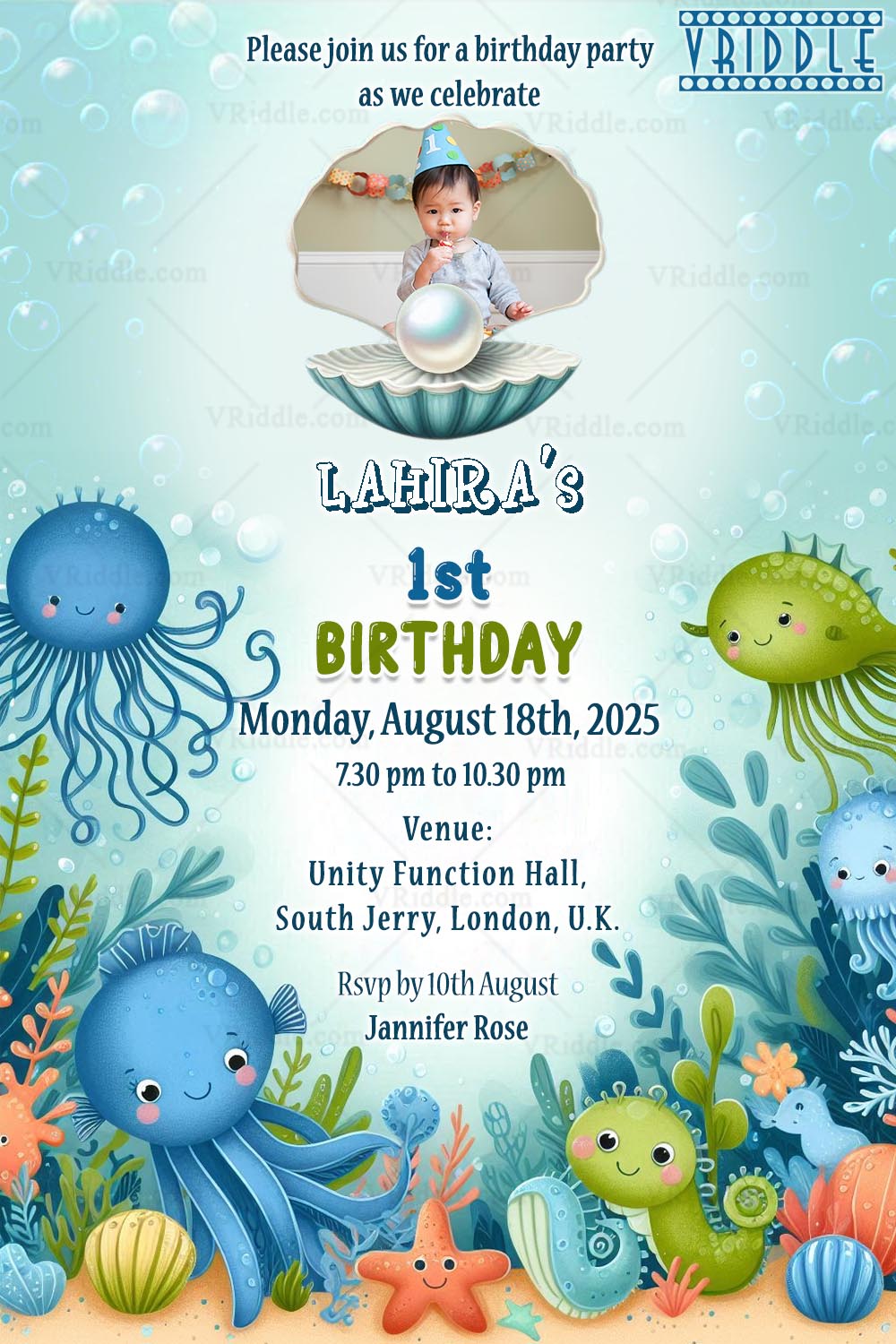 Under the Sea, Celebrate Our Baby Girl's First Birthday Invitation with Ocean-Theme Background