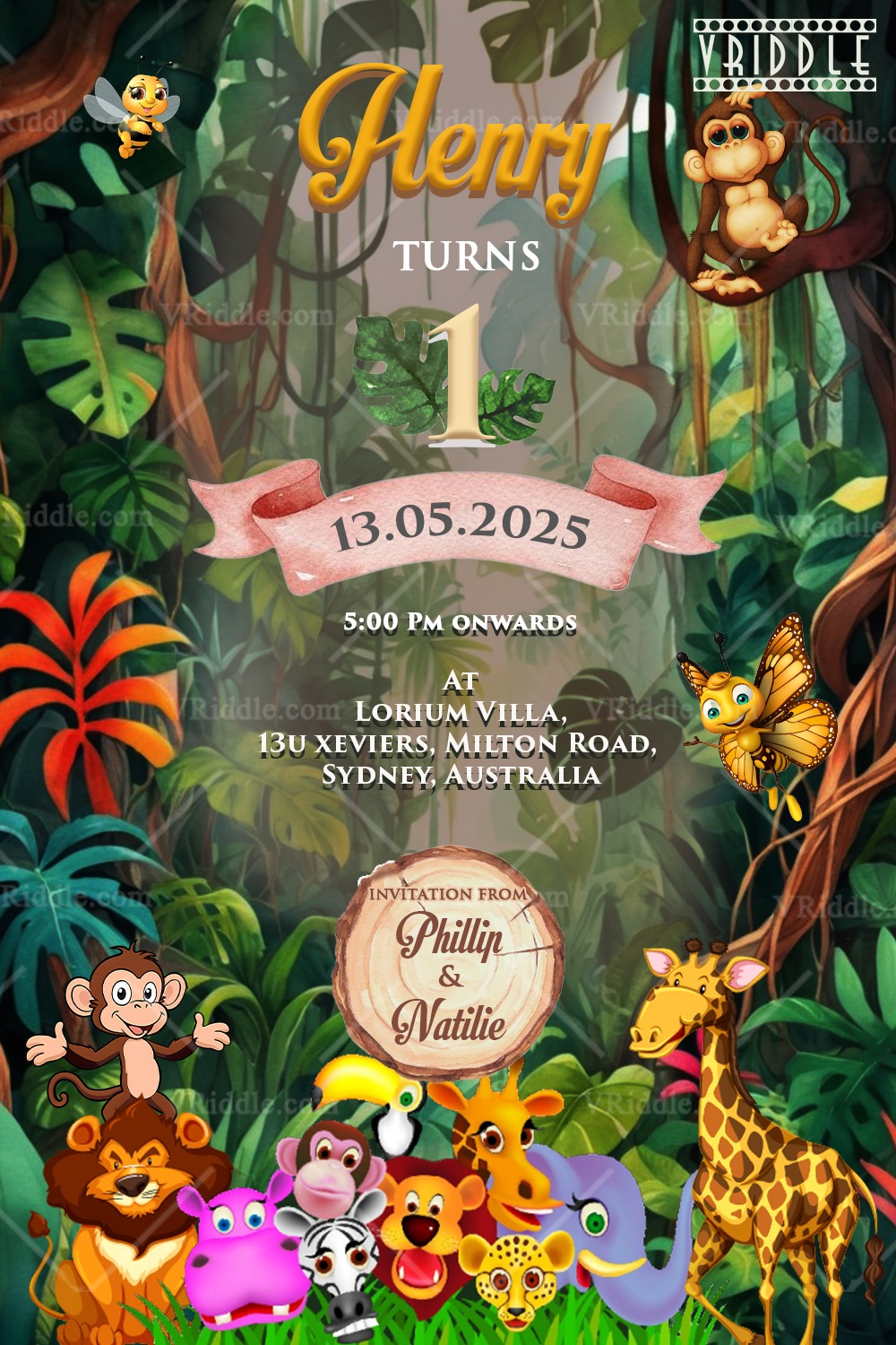 Join Us for a Jungle-Themed First Birthday Celebration with Cartoon Animals and Fun
