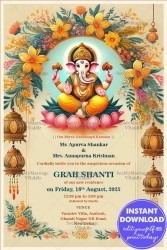 Auspicious Grah Shanti Ceremony Invitation with Hanging Lamps and Floral Theme Background