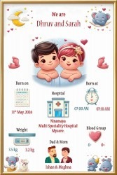 Twin Baby Boy and Girl Birth Announcement Invitation with Cartoon Graphics and Golden Frame Theme