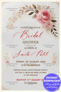 Beautiful Bridal Shower Invitation with Floral Theme and Pink, Beige Flowers Background