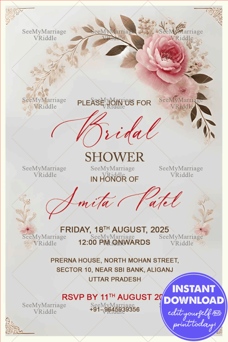 Beautiful Bridal Shower Invitation with Floral Theme and Pink, Beige Flowers Background