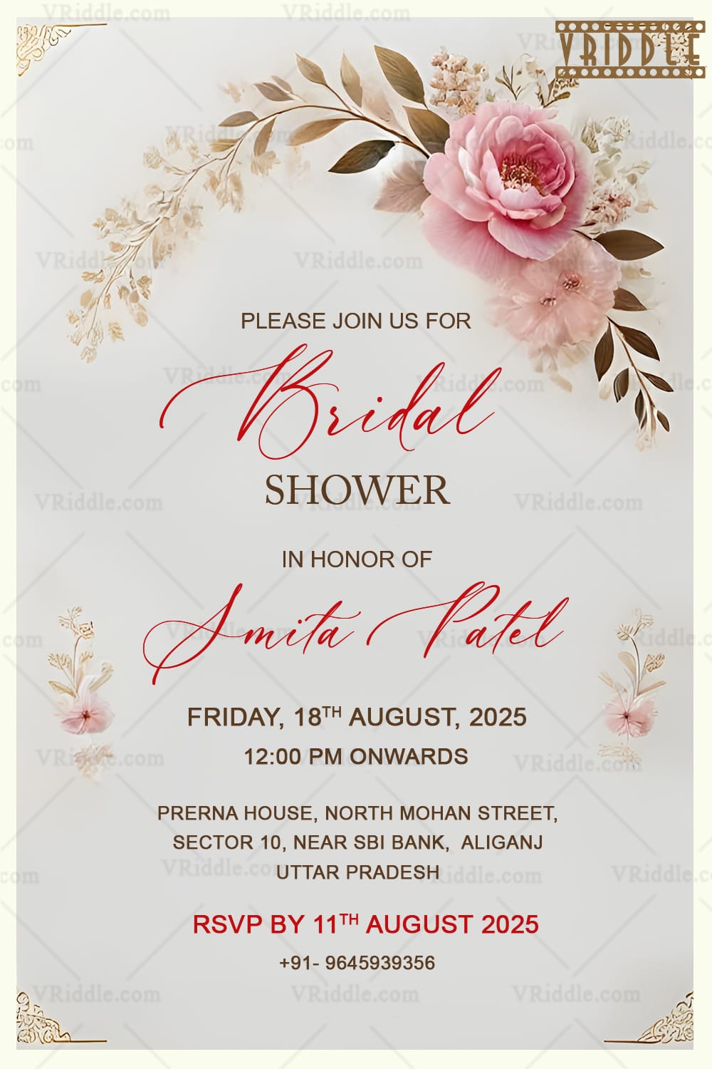 Beautiful Bridal Shower Invitation with Floral Theme and pink, beige flowers Background