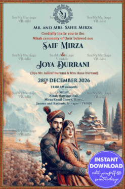 Beautiful Kashmiri Wedding Invitation with Traditional Attire and Scenic Backdrop