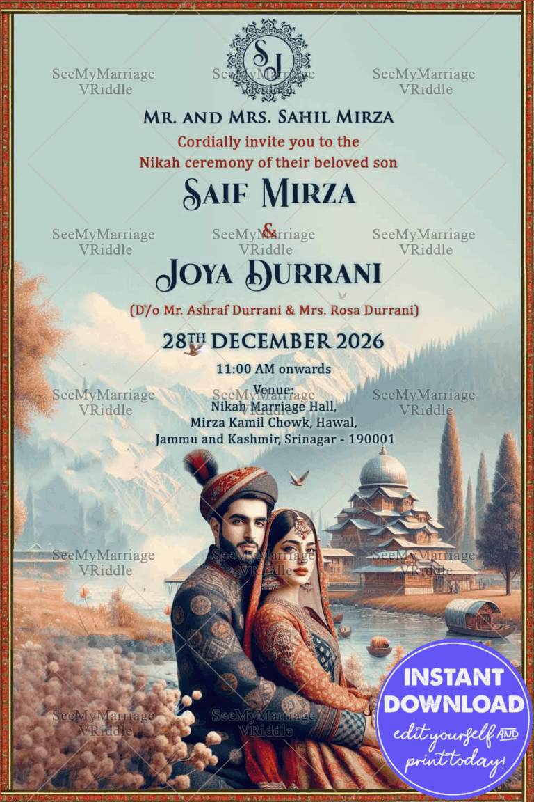 Beautiful Kashmiri Wedding Invitation with Traditional Attire and Scenic Backdrop