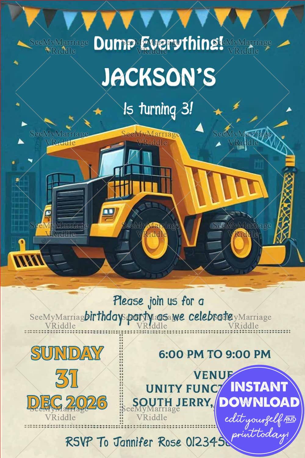 Birthday Bash Invitation with Dump-Truck Theme Background – SeeMyMarriage