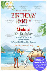 Birthday Bash Invitation with Tintin Theme Beach Adventure