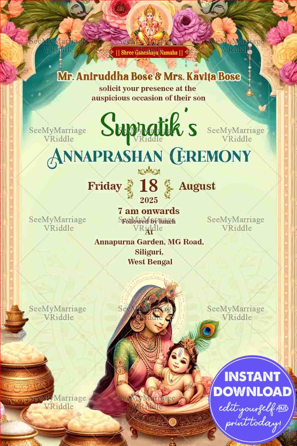 Celebrate Annaprashan Ceremony Invitation with a Divine Yashoda Krishna Theme