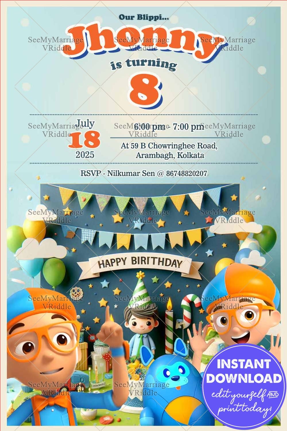 Celebrate Jhonny's 8th Birthday Invitation with a Blippi Bash Theme