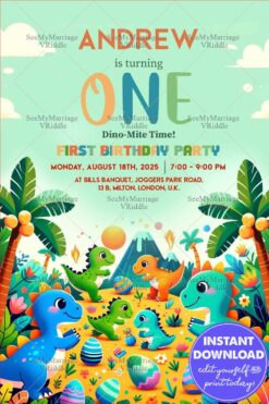 Celebration First Birthday Party Invitation with Cute Dinosaurs and Fun Theme Background