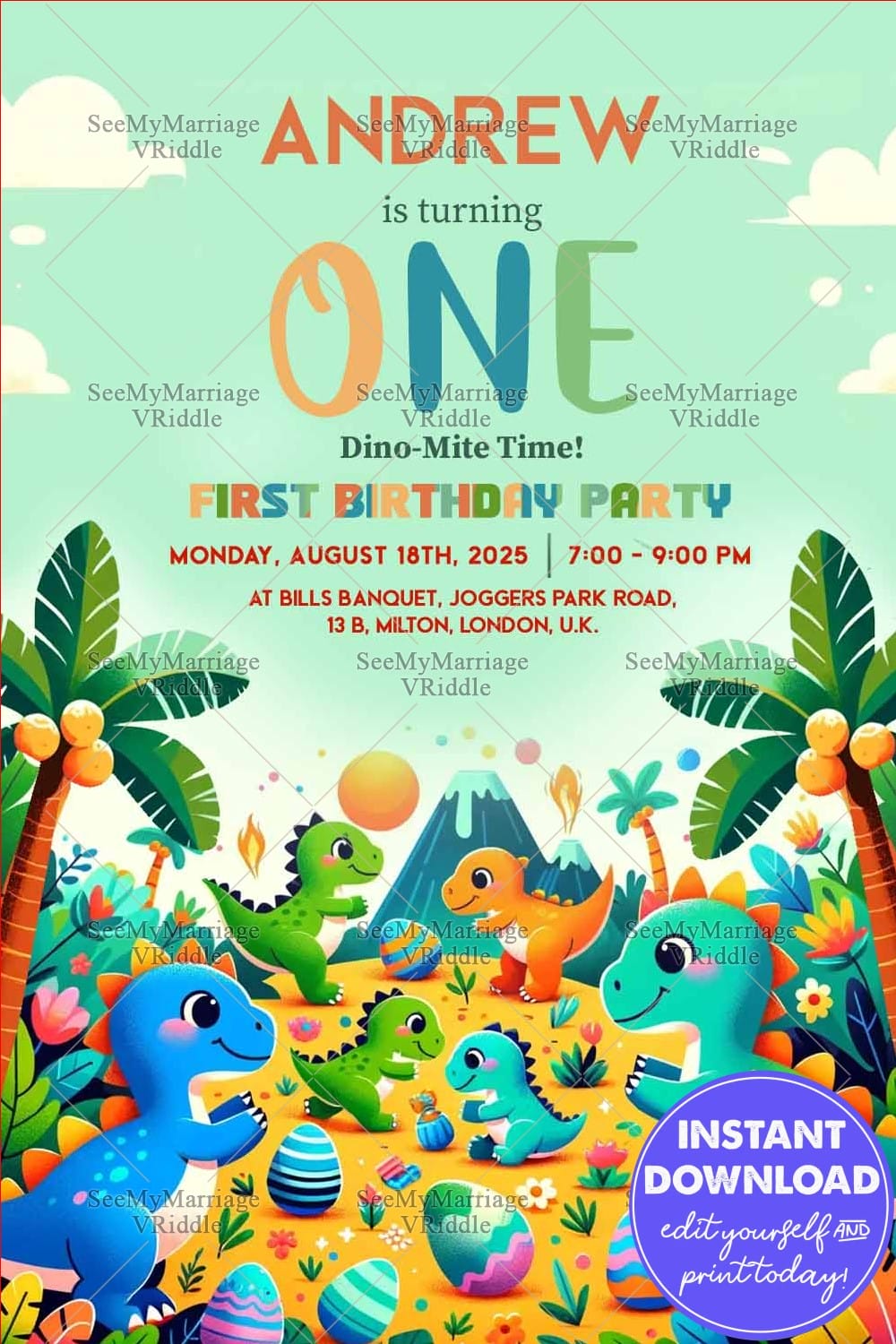 Celebration First Birthday Party Invitation with Cute Dinosaurs and Fun Theme Background