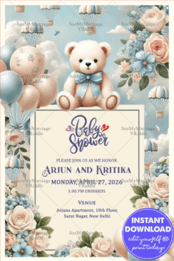 Charming Baby Shower Invitation with Teddy Bear and Balloons Themed Background