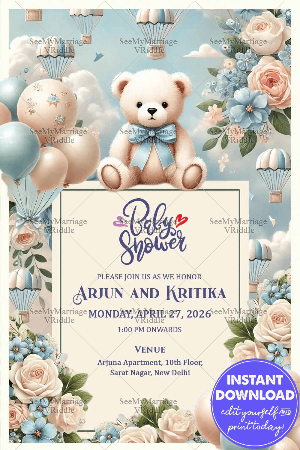 Charming Baby Shower Invitation with Teddy Bear and Balloons Themed Background