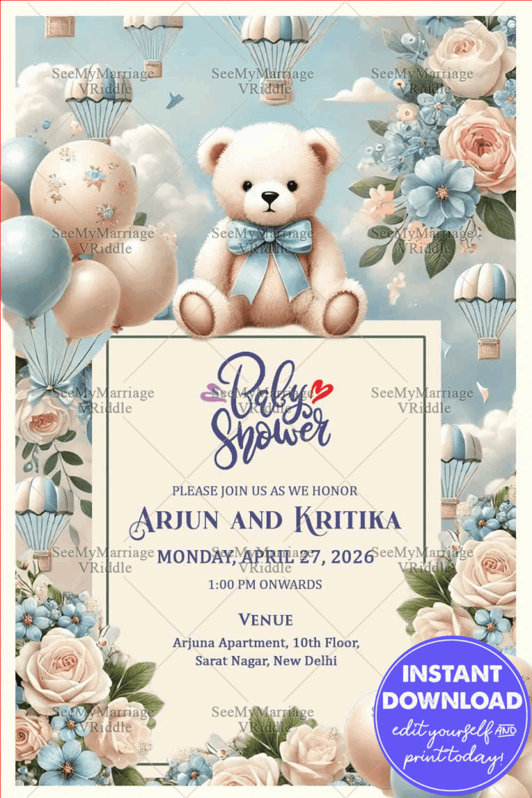 Charming Baby Shower Invitation with Teddy Bear and Balloons Themed Background