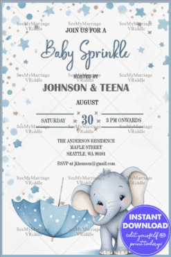 Charming Baby Sprinkle Invitation with Elephant and Blue Umbrella Theme Background