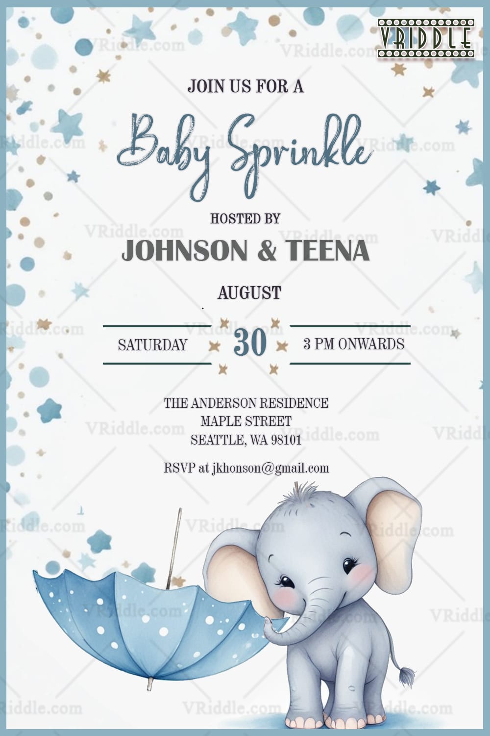 Charming Baby Sprinkle Invitation with Elephant and Blue Umbrella Theme Background