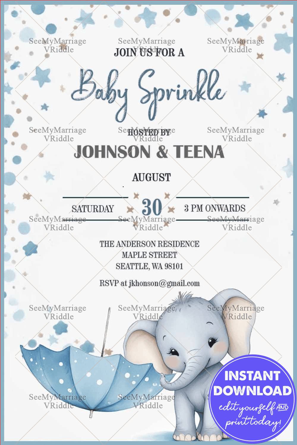 Charming Baby Sprinkle Invitation with Elephant and Blue Umbrella Theme Background