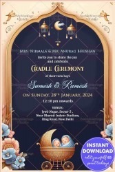 Charming Invitation for Twin Boys's Cradle Ceremony with Navy Blue and Golden Theme Background