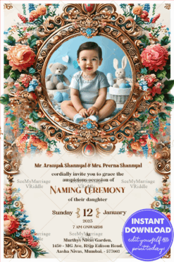 Charming Naming Ceremony Invitation with Elegant Floral and Golden Design Theme