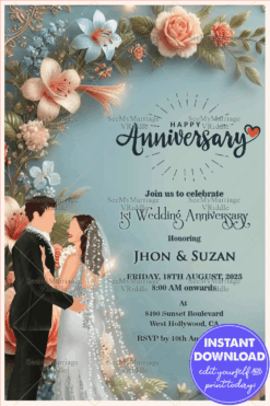 Christian First Wedding Anniversary Celebration Invitation with Blue Theme and Floral Background