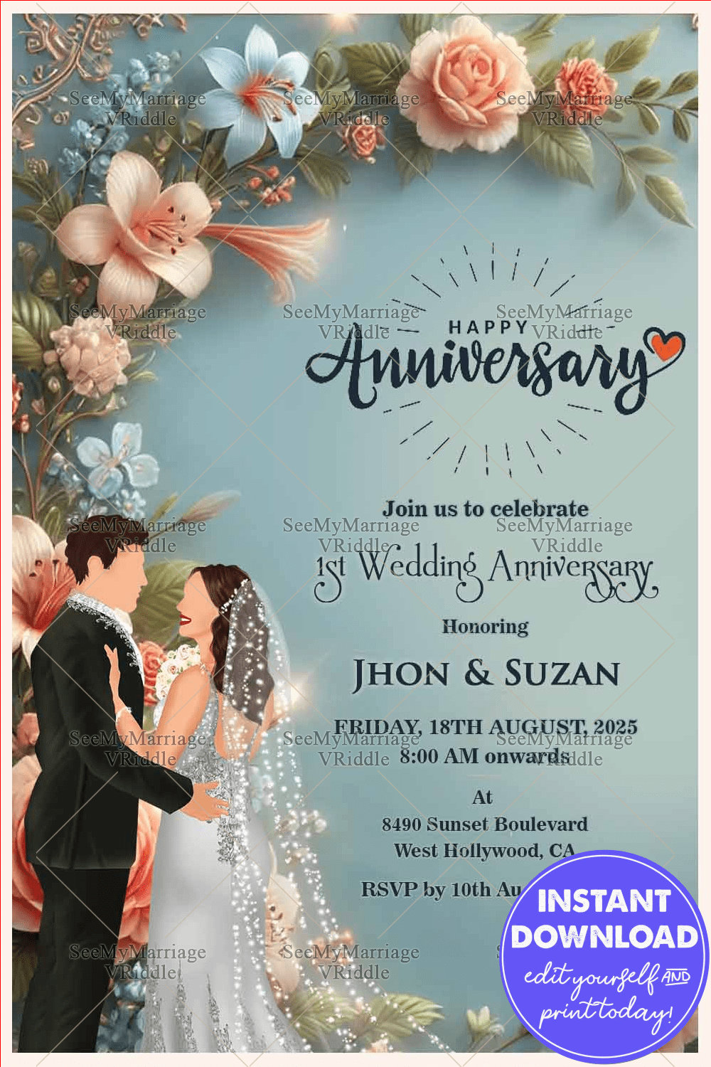 Christian First Wedding Anniversary Celebration Invitation with Blue Theme and Floral Background
