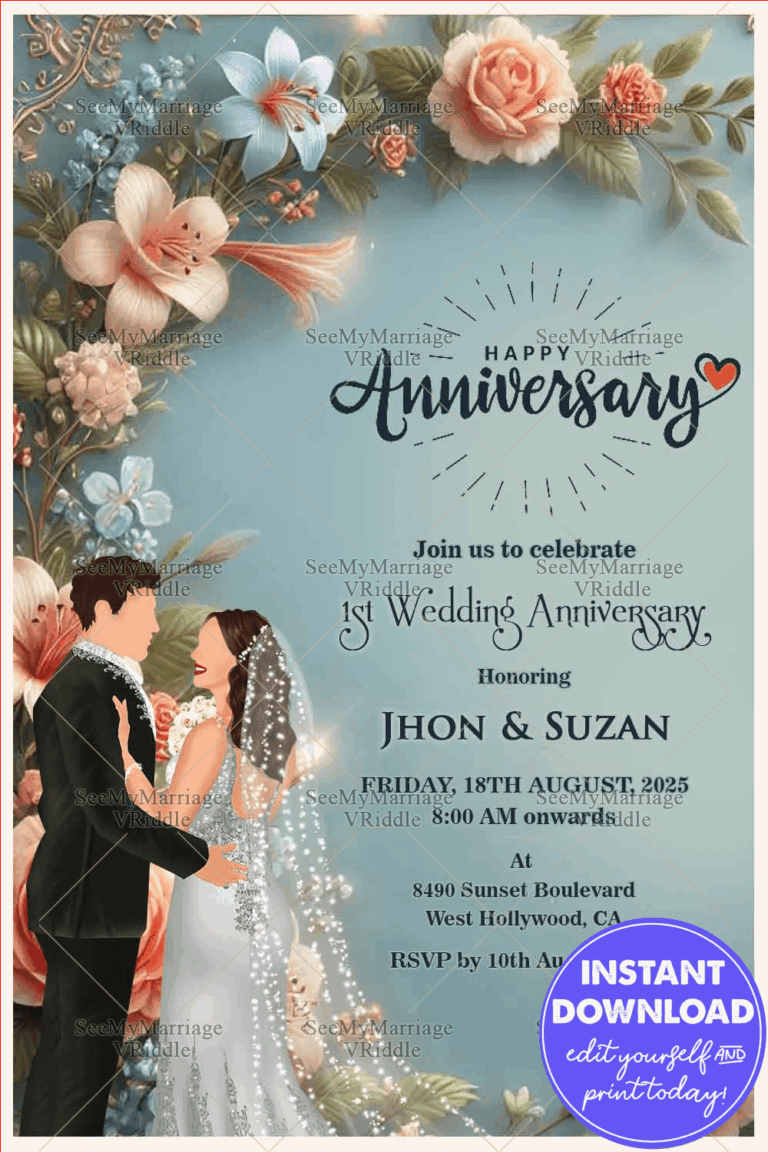 Christian First Wedding Anniversary Celebration Invitation with Blue Theme and Floral Background